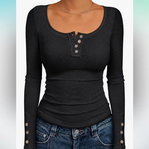 Black Ribbed Long Sleeve Henley Top - Picture 1 of 1